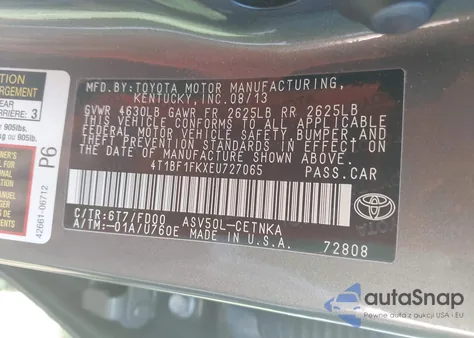2014 Toyota Camry L/Se/Le/Xle z USA, uszkodzony, nr VIN 4T1BF1FKXEU727065